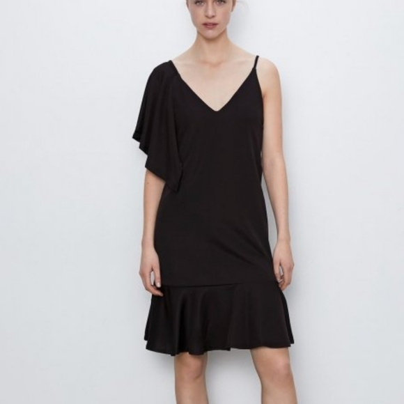 Zara Asymmetrical Black Dress Frilly Tiered Summer Dress Size L - Picture 1 of 3